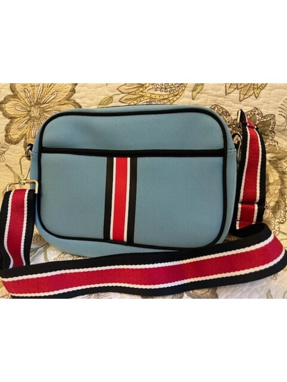 NEW Odiva Light Blue w/ Red, White, Black Stripe and Strap Crossbody Purse